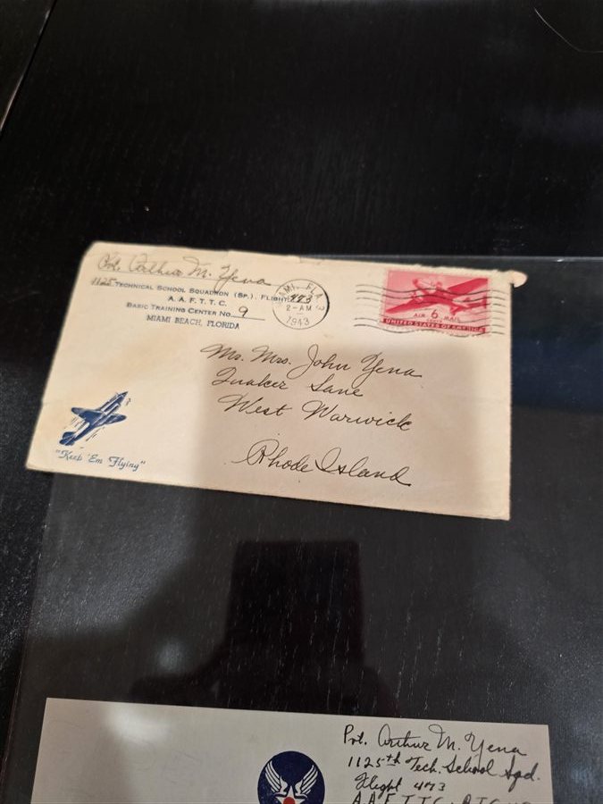 Envelope from Basic Training Center No. 9, Miami Beach, Florida, February 1943 — 'Keep 'Em Flying' Army Air Forces stationery with a blue aircraft emblem.
