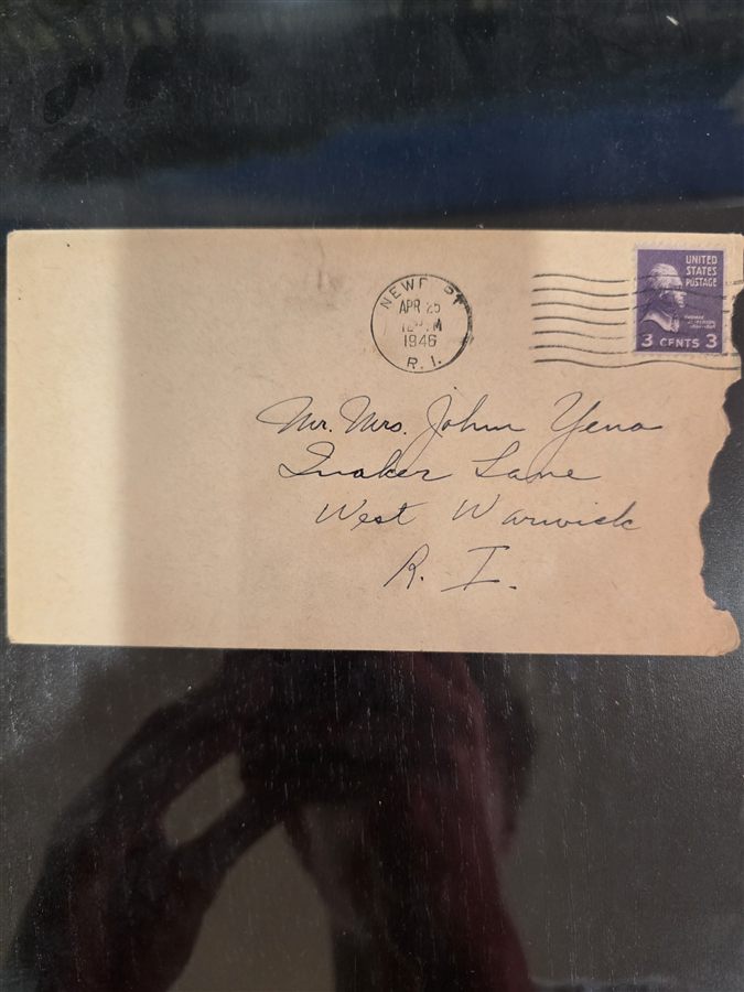 The final envelope in the collection — postmarked Newport, Rhode Island, April 1946, mailed from a hospital ward.