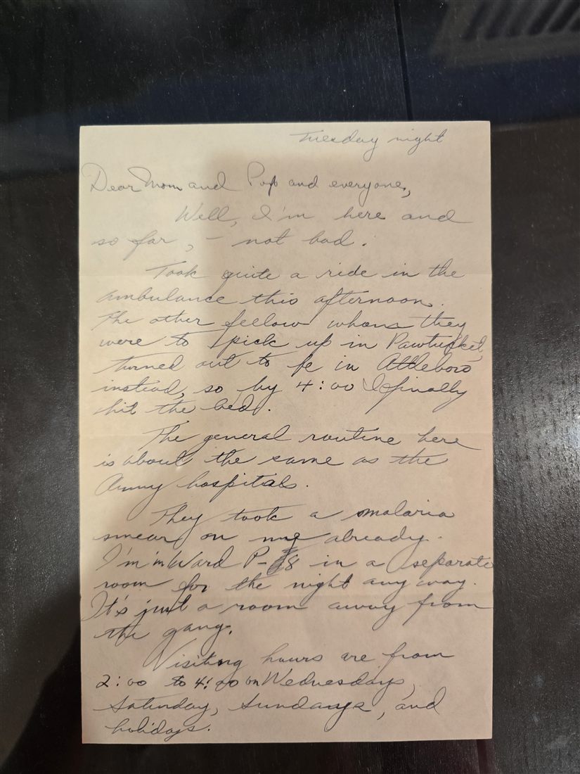 The final letter, handwritten from Ward P-18 of a stateside hospital, April 1946.
