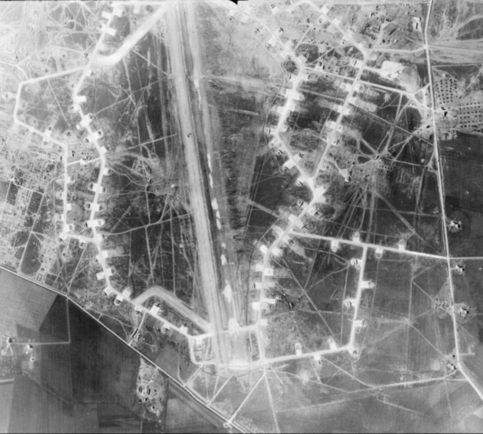 Aerial reconnaissance photograph of Tortorella Airfield, Italy, February 1945.